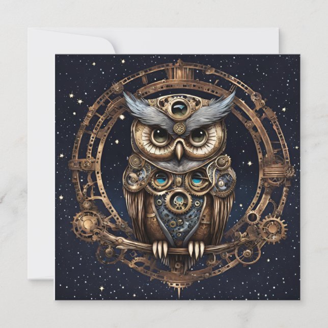 Steampunk Owl Against the Starry Sky Invitation (Front)