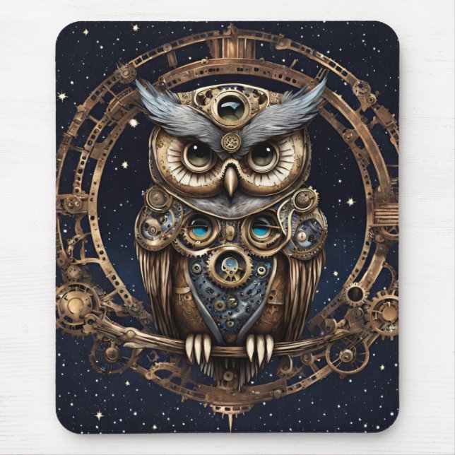Steampunk Owl Against the Starry Sky Mouse Pad (Front)
