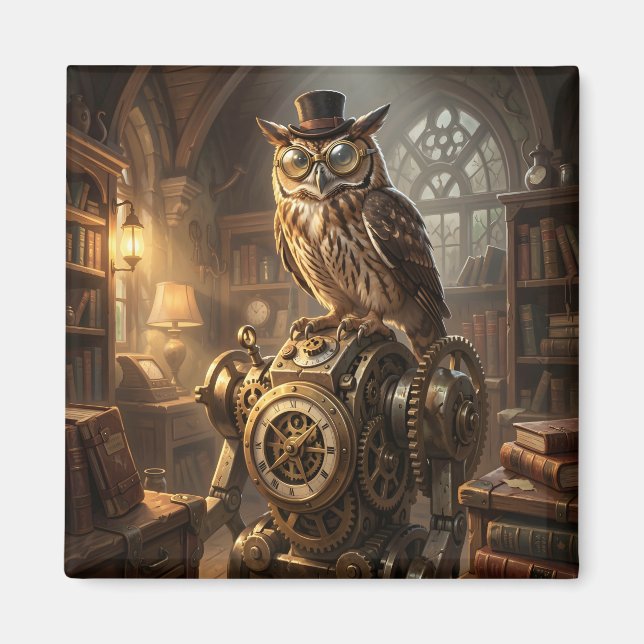 steampunk owl clockwork art magnet (Front)
