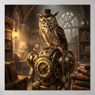 steampunk owl clockwork art poster