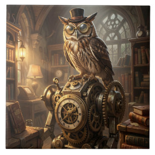 steampunk owl clockwork art tile