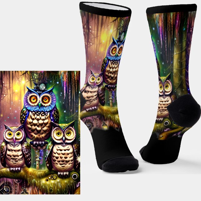 Steampunk Owl Family in the Forest on Black        Socks (Creator Uploaded)