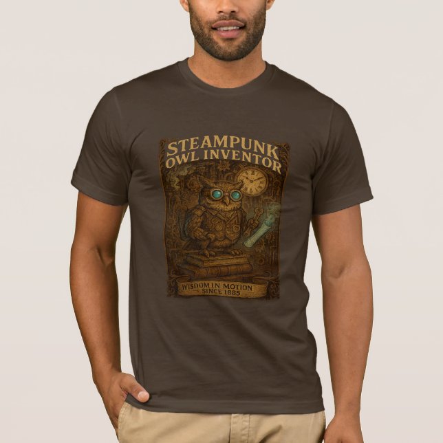Steampunk Owl Inventor – Retro Fantasy T-Shirt (Front)