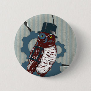 Steampunk Owl on Destroyed Mattress Ticking Button