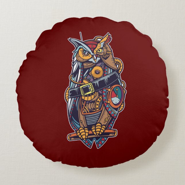 Steampunk Owl Round Cushion (Front)