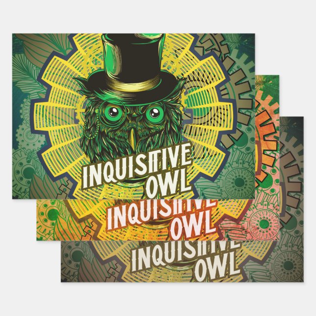 Steampunk Owl Wrapping Paper Sheet (Set)