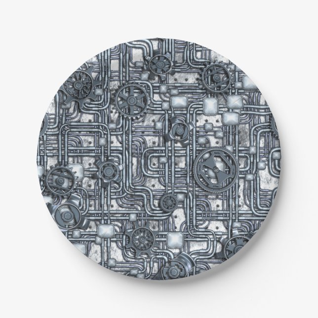 Steampunk Panel - Gears and Pipes - Steel Paper Plate (Front)