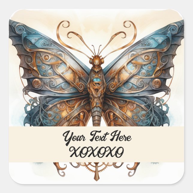 Steampunk party butterfly square sticker (Front)