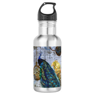 Steampunk Peacock Time Clock Yellow Roses 532 Ml Water Bottle