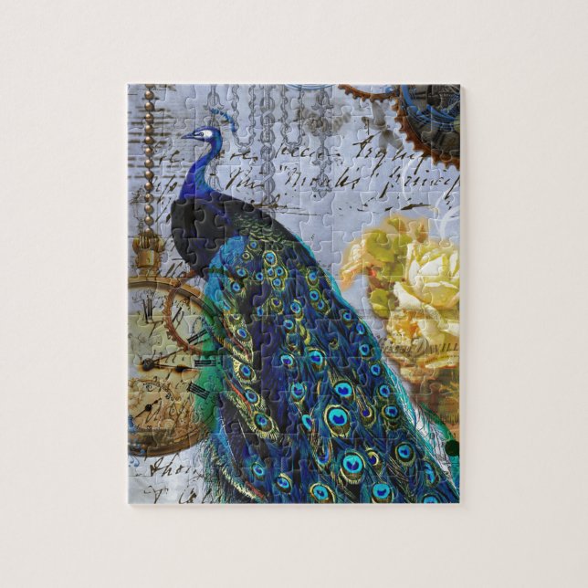 steampunk peacock yellow rose time clock jigsaw puzzle (Vertical)