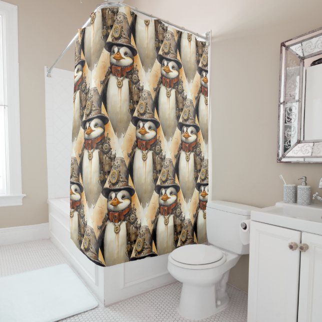 Steampunk Penguin 1 Pattern Shower Curtain (In Situ)