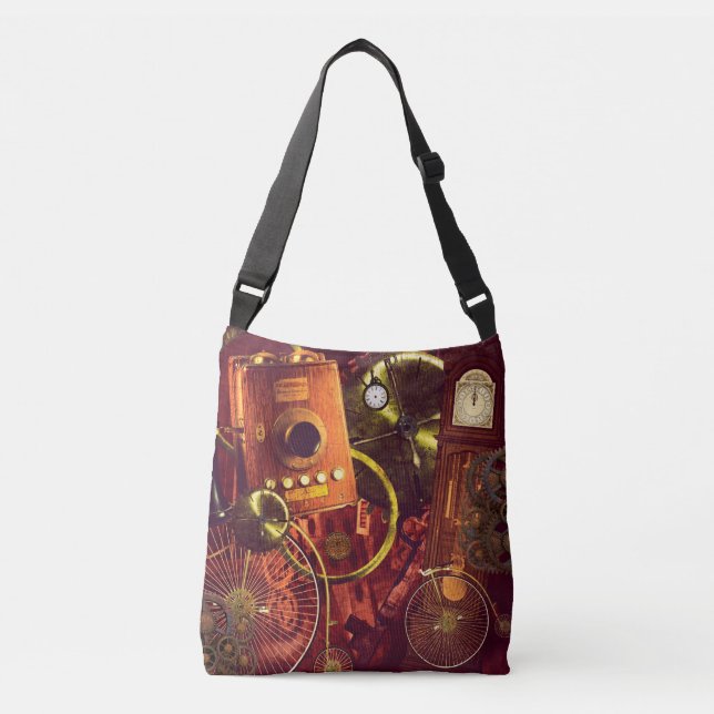 Steampunk penny-farthings grandfather clock gears crossbody bag (Front)