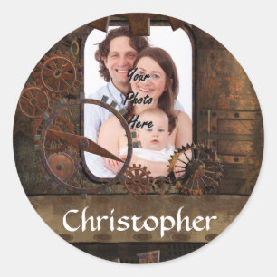 Steampunk photo background classic round sticker