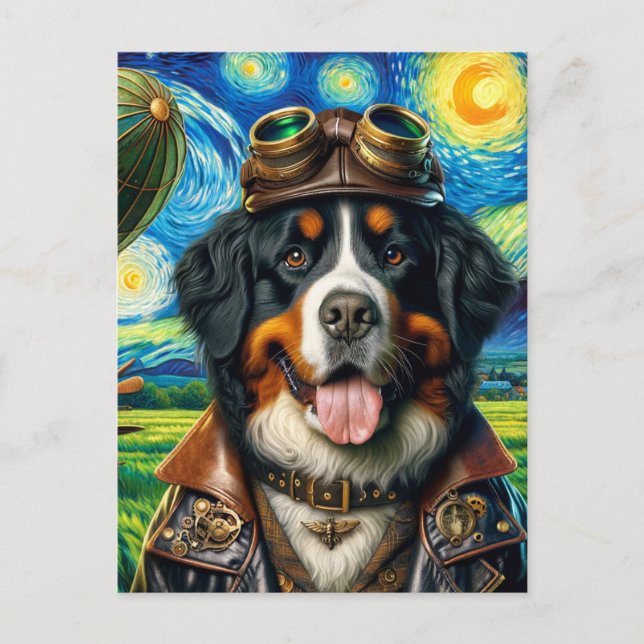 Steampunk Pilot Bernese Mountain Dog Van Gogh Postcard (Front)