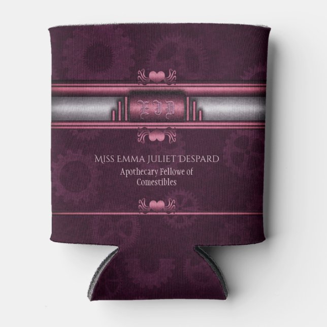 Steampunk, pink heart with Monogram nameplate Can Cooler (Front)