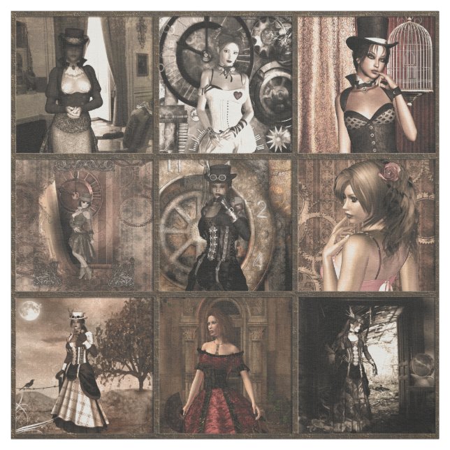 Steampunk Pinups Quilt Block Print Fabric (Swatch)