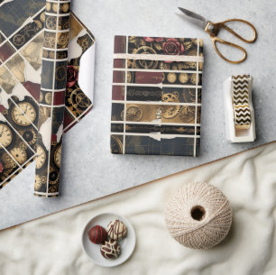 Steampunk Plum Roses & Gears Wrapping Paper