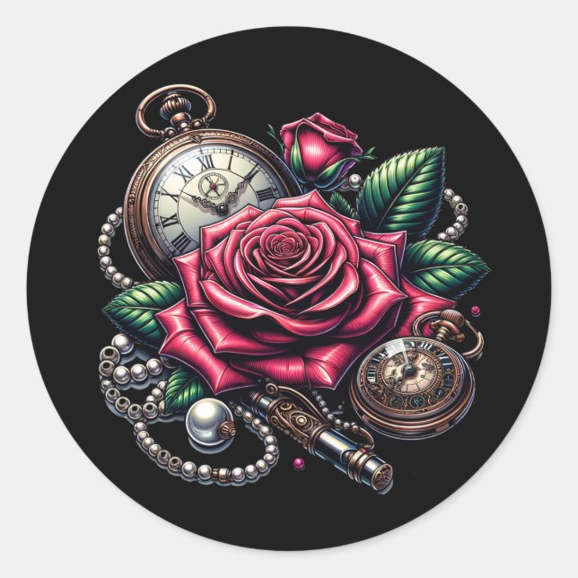 Steampunk Pocket Watches and Roses Classic Round Sticker (Front)