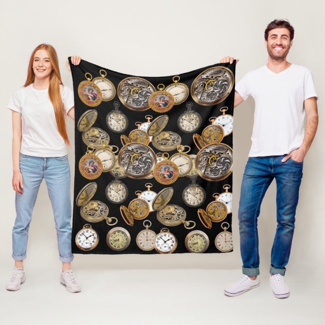 Steampunk Pocket Watches Time Objects Collage Fleece Blanket (In Situ)