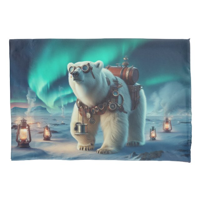 Steampunk Polar Bear and Aurora Art Pillowcase (Front)