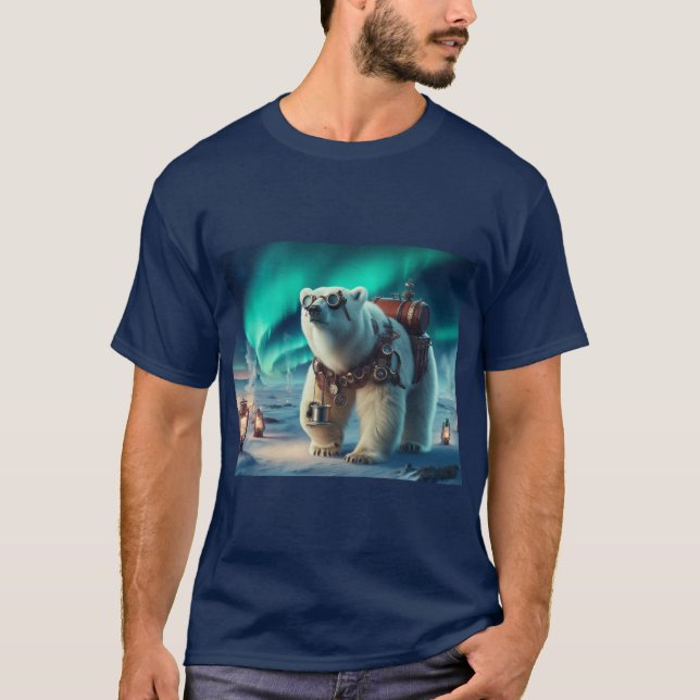 Steampunk Polar Bear and Aurora Art T-Shirt (Front)