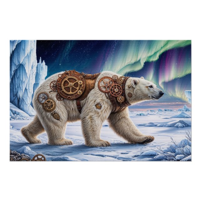 Steampunk Polar Bear and Aurora Design Poster (Front)