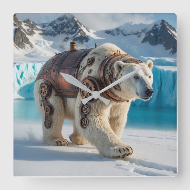Steampunk Polar Bear Warrior Square Wall Clock (Front)