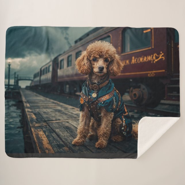 Steampunk Poodle Stationmaster Portrait Sherpa Blanket (Front (Horizontal))