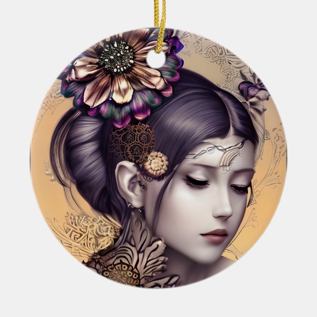Steampunk Princess with a Copper Coloured Flower Ceramic Ornament (Front)