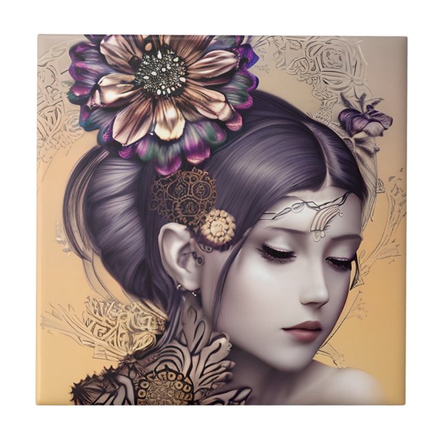 Steampunk Princess with a Copper Coloured Flower Ceramic Tile (Front)