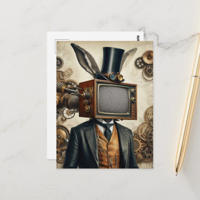 Steampunk Rabbit Man With A TV Head Static Postcard (Front/Back In Situ)