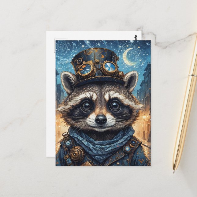 Steampunk Racoon Postcard (Front/Back In Situ)
