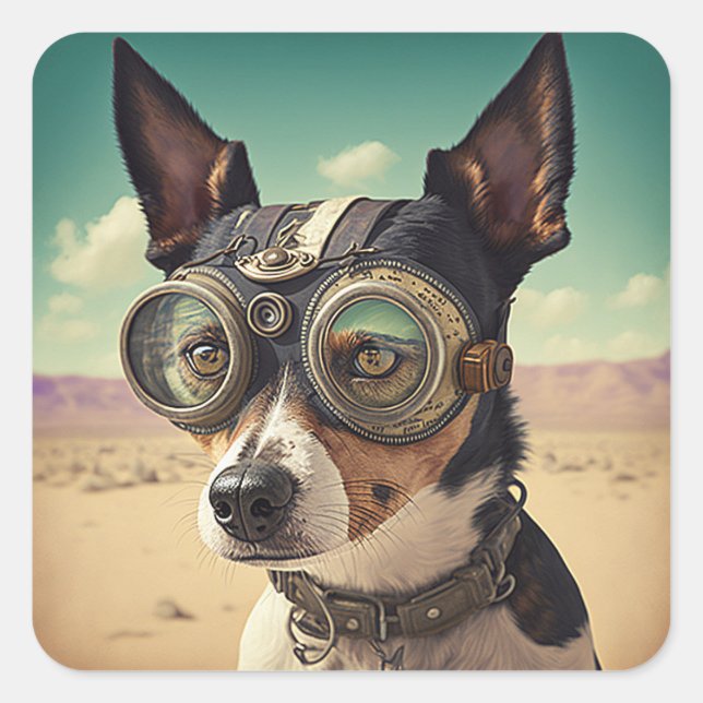 Steampunk Rat Terrier Dog in Desert Square Sticker (Front)