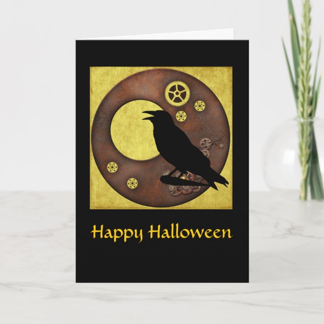 Steampunk Raven Halloween Greeting Card (Front)