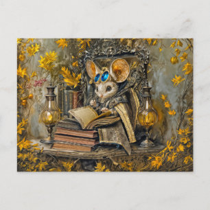 Steampunk reading mouse postcard