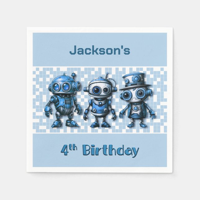 Steampunk Robot Theme 4th Birthday Party Napkin (Front)