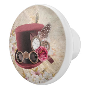 Steampunk Romantic Hat W/Watch & Feathers Ceramic Knob