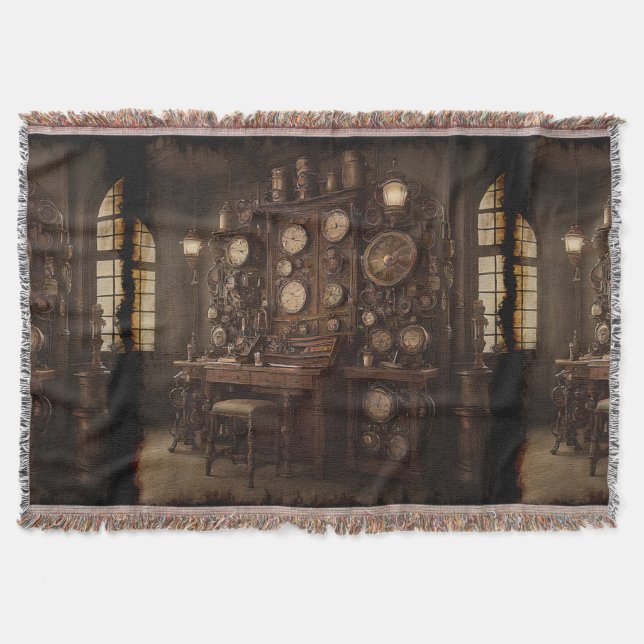 Steampunk Room with Old Clocks Throw Blanket (Front)