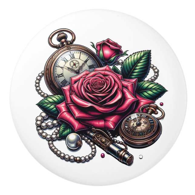 Steampunk Rose, Metal Key and Pocket Watch Ceramic Knob (Front)