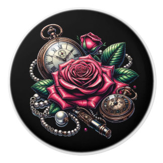 Steampunk Rose, Metal Key and Pocket Watch Ceramic Knob
