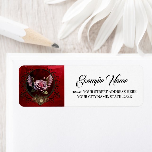 Steampunk rose return address label (Insitu)
