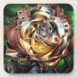 Steampunk Rose with Surreal Face – Mechanical Flor Coaster