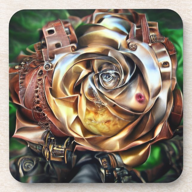 Steampunk Rose with Surreal Face – Mechanical Flor Coaster (Front)