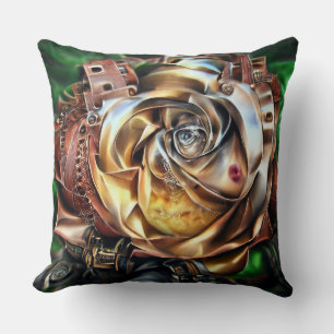 Steampunk Rose with Surreal Face – Mechanical Flor Cushion