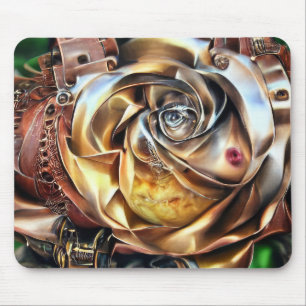 Steampunk Rose with Surreal Face – Mechanical Flor Mouse Pad
