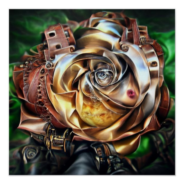 Steampunk Rose with Surreal Face – Mechanical Flor Poster (Front)