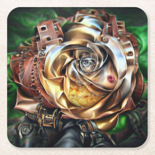 Steampunk Rose with Surreal Face – Mechanical Flor Square Paper Coaster