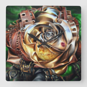 Steampunk Rose with Surreal Face – Mechanical Flor Square Wall Clock