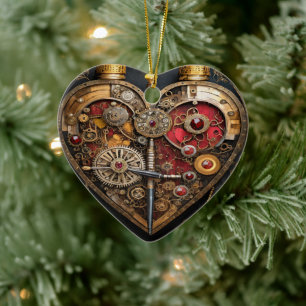 Steampunk Rubies And Gears Dark Heart Ceramic Ornament