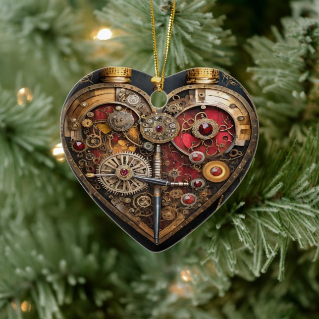 Steampunk Rubies And Gears Dark Heart  Ceramic Ornament (Tree)